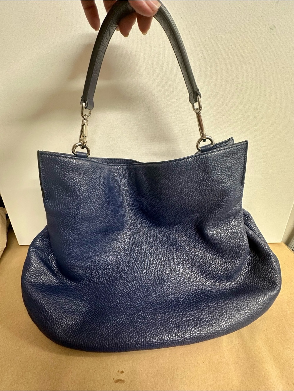 Navy Pebbled Leather Shoulder Tote - Classic Women's Shoulder Bag